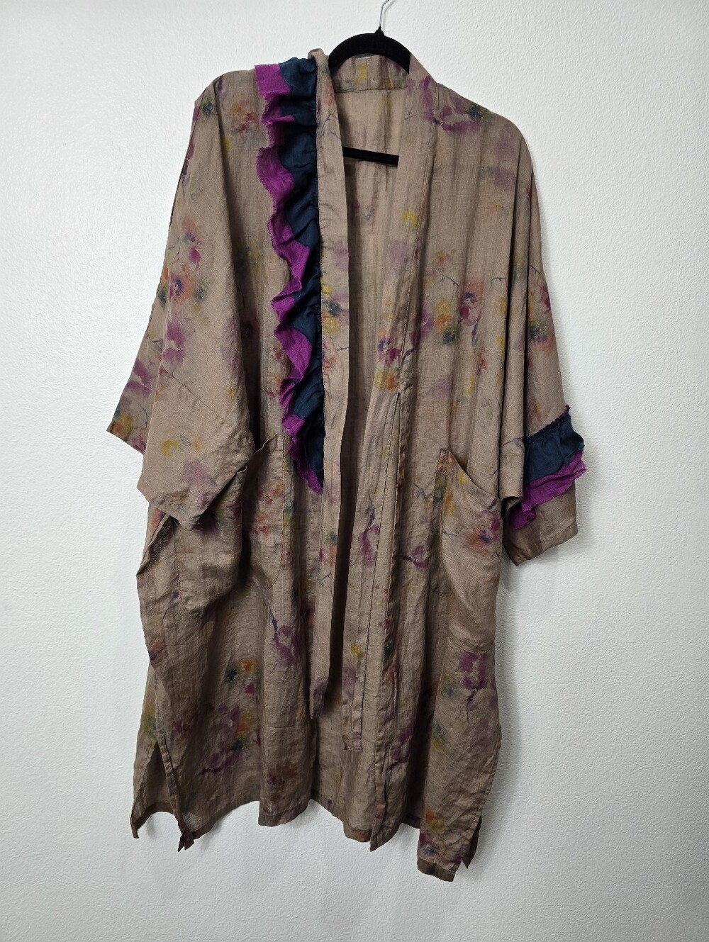 Vintage Ruffle Kimono- Taupe with Purple And Navy. #vintage boho Artsy Butterfly
